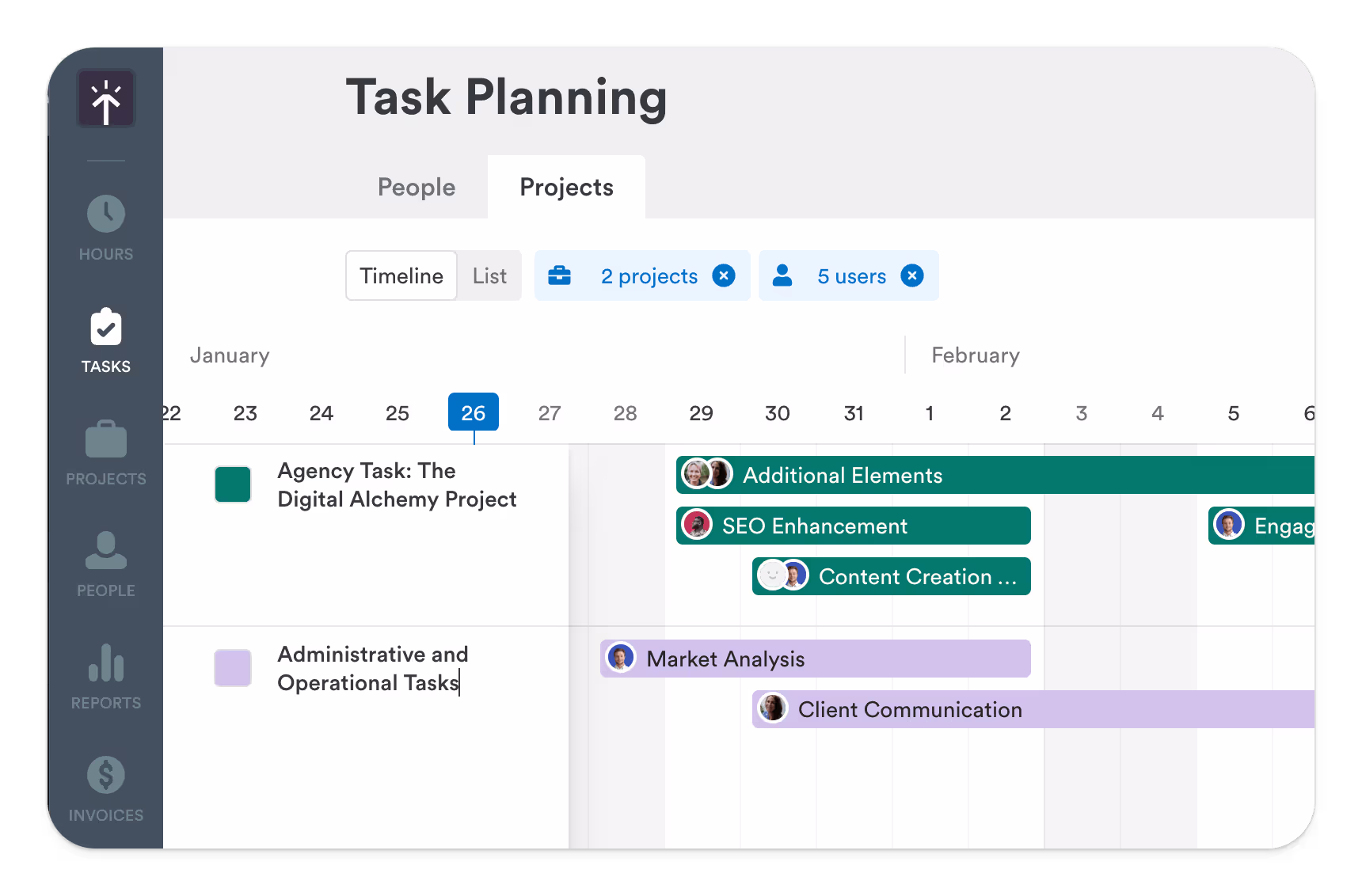 Timely app's Task Planning interface displaying a timeline with tasks such as SEO Enhancement and Client Communication for the Digital Alchemy Project