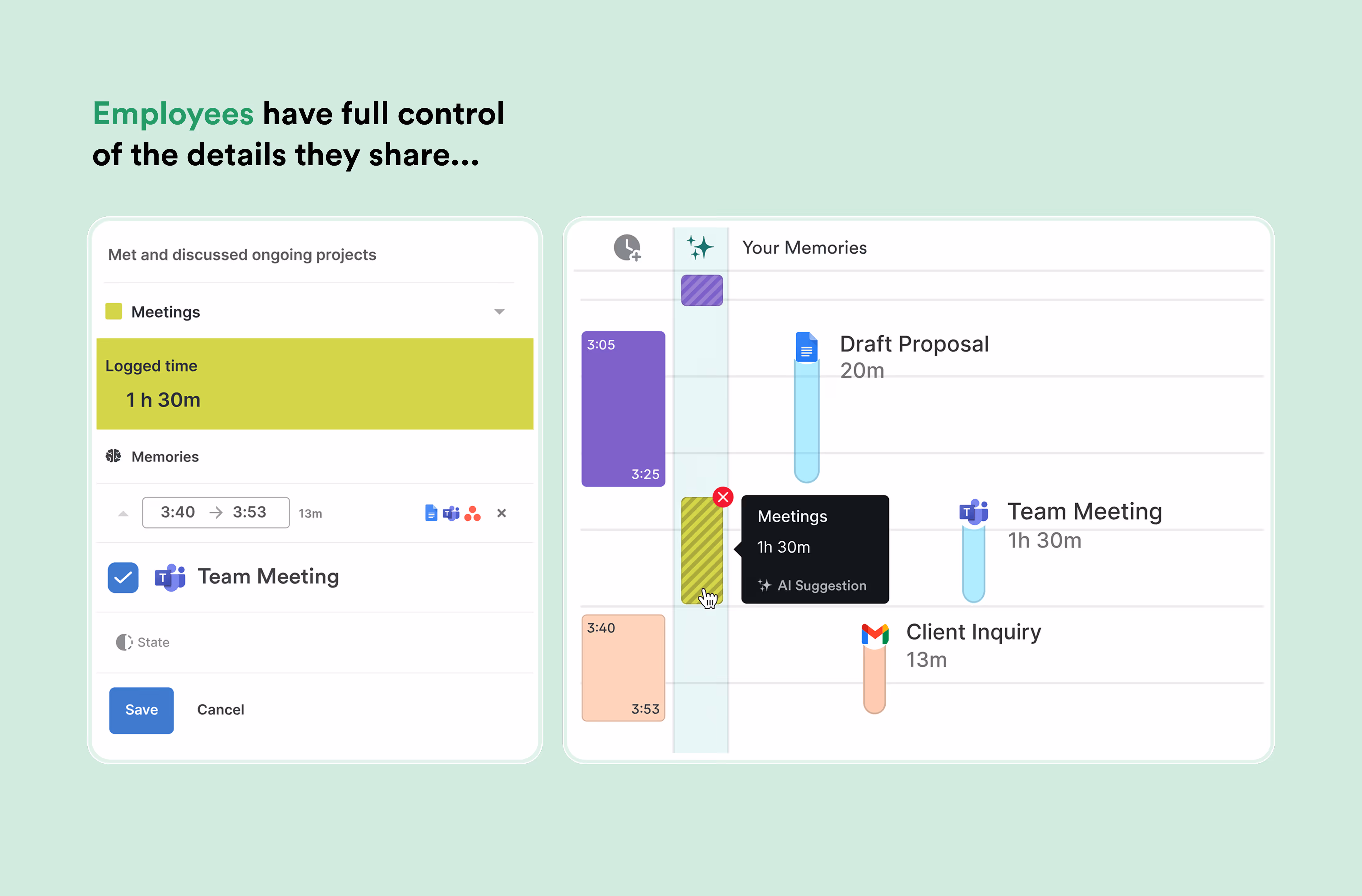 Employees view of their memories and weekly hours captured in Timely