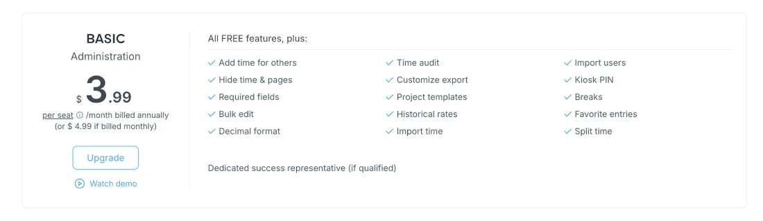 Clockify Basic plan features