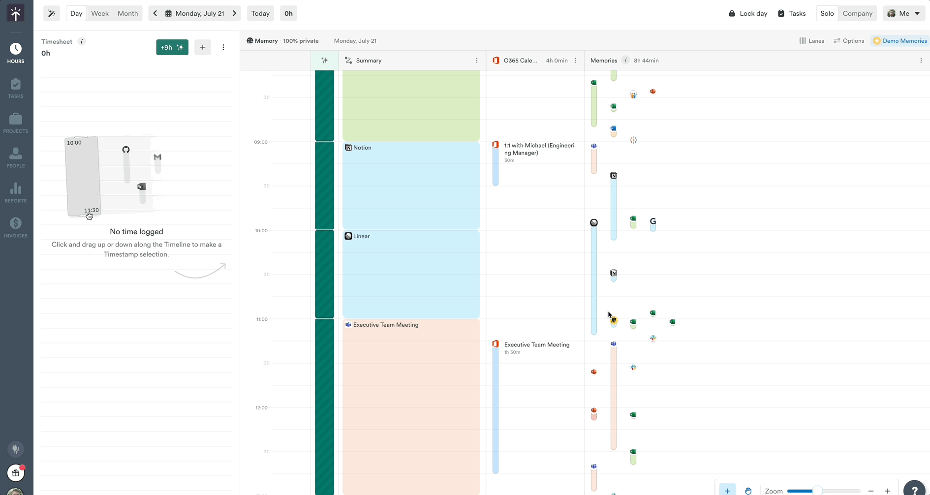 Memory timeline view showing captured activities