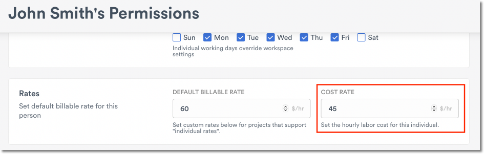 Editing a user's cost rate